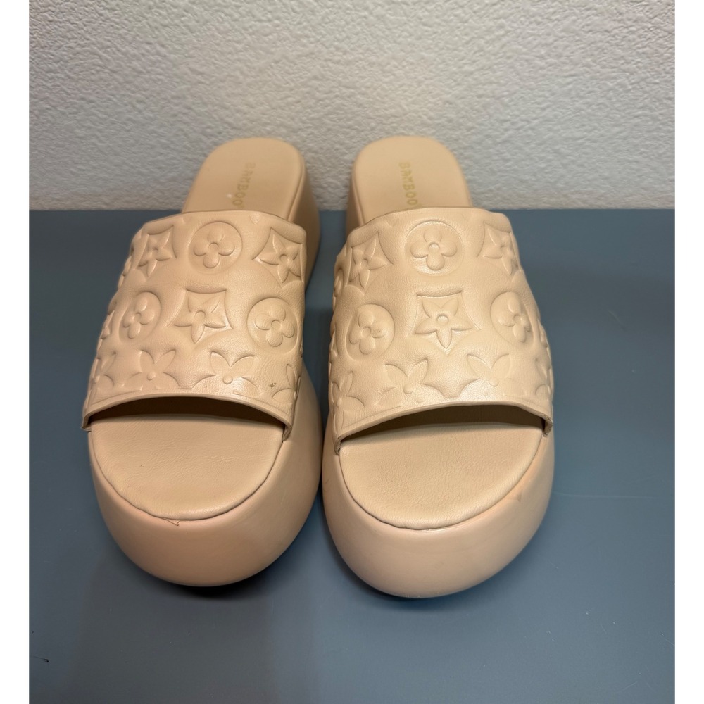 Bamboo Agave-01 Beige Monogram Embossed Platform Slide Sandals Womens 8